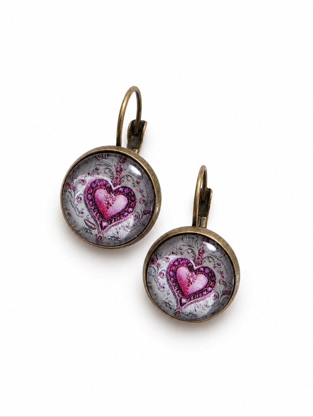 Pink Heart Cabochon Earrings | Romantic Boho Leverback Dangle Earrings NIP - Picture 3 of 4